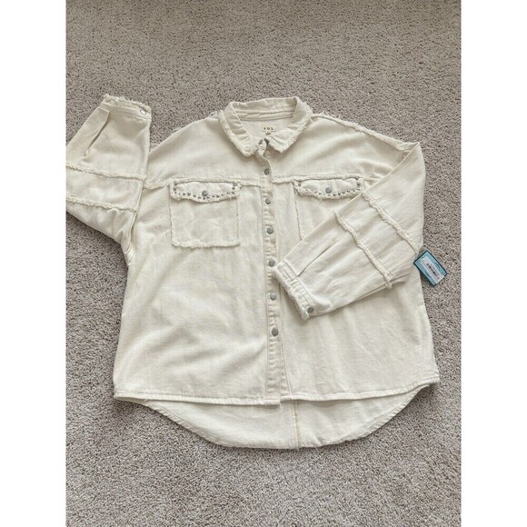 P O L Jackets & Blazers - POL Shacket Oatmeal Denim Long Sleeve Button Down Studs Women’s XL Oversized NWT
